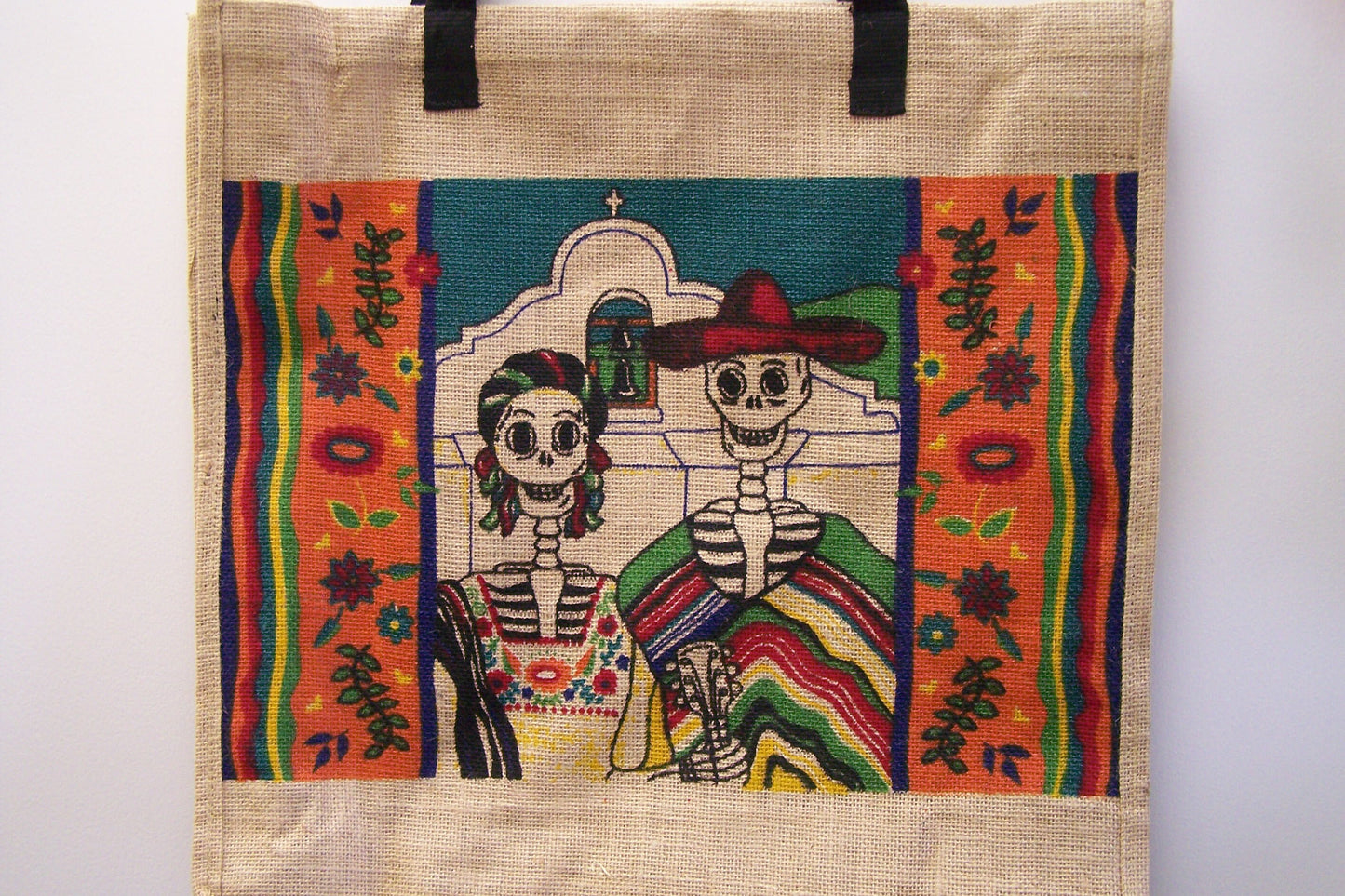 Day of the Dead "Mexican American Gothic" Skeletons Sturdy Jute Shopping Bag 18.5" x 18" x 5"