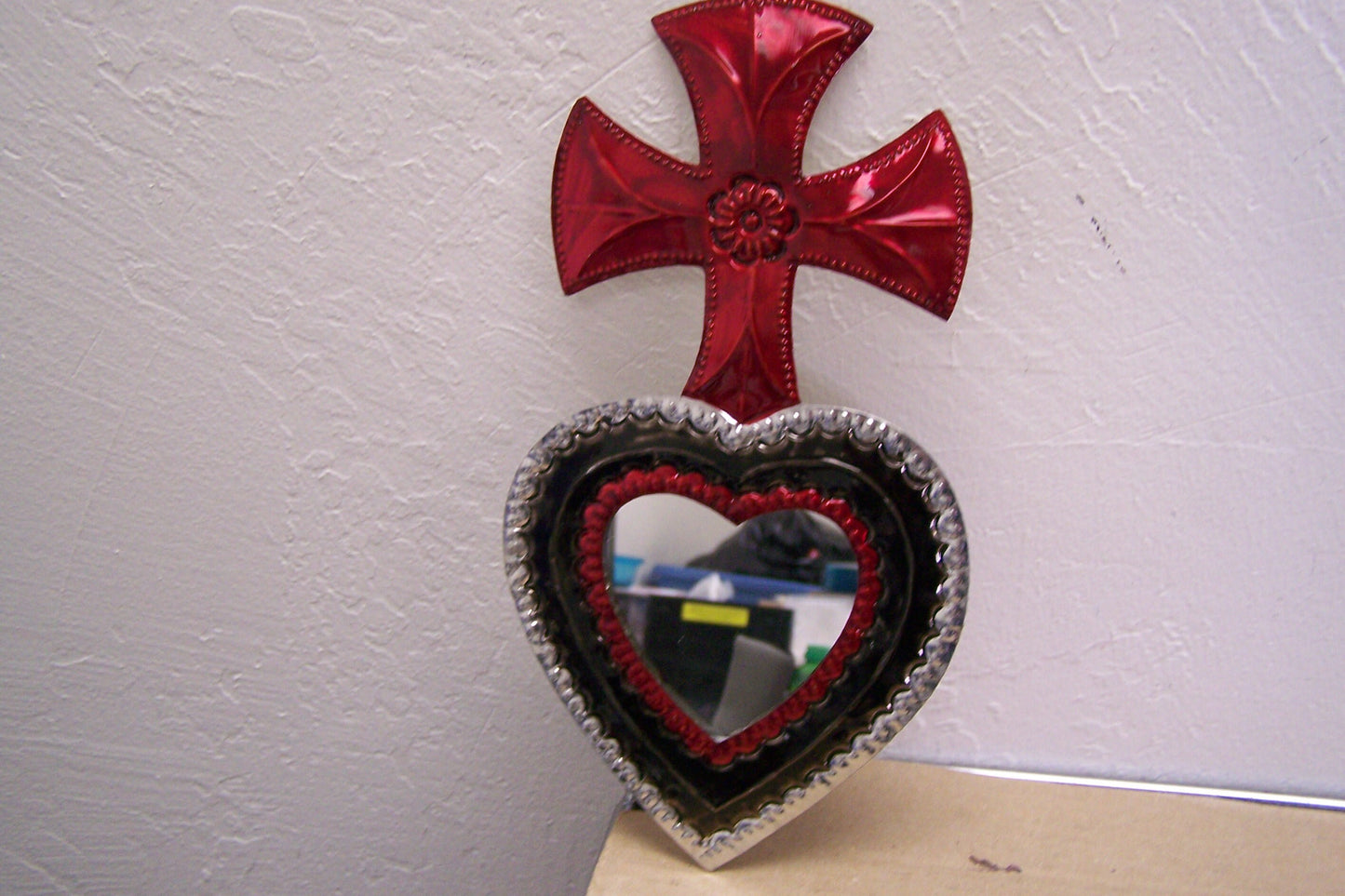 Tin Painted Sacred Heart with Cross Mirror - Mexico