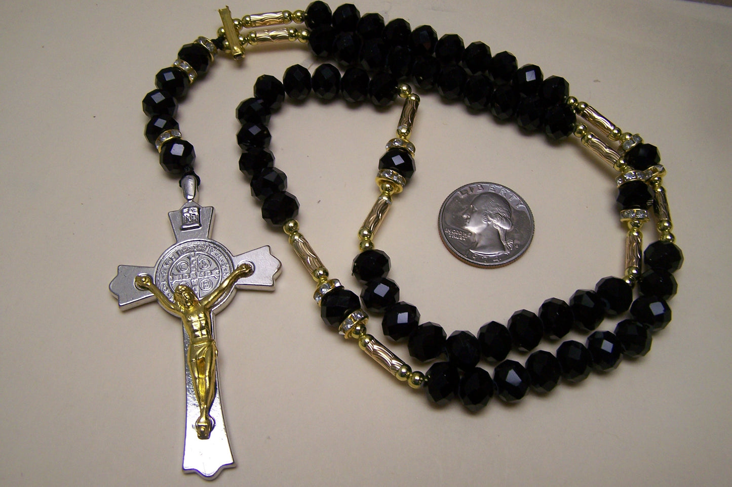Weighty Handmade Rosary with Black Plastic Beads & Brass Accents