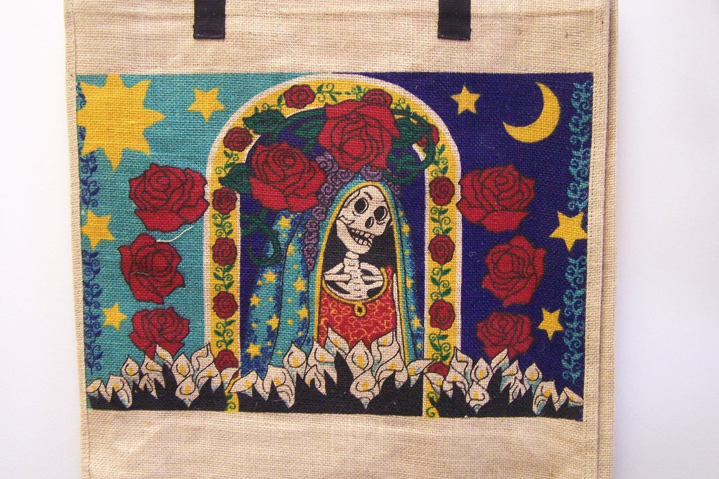 Day of the Dead Skeleton Virgin of Guadalupe Sturdy Jute Shopping Bag 18.5" x 18" x 5"