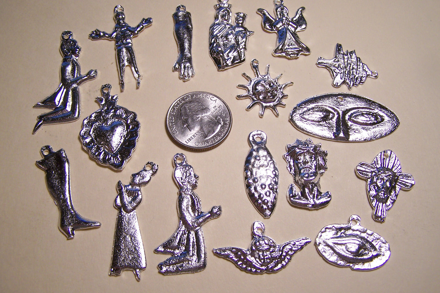 Lot of 25 Different LARGER Silver Colored Milagros, Mexico