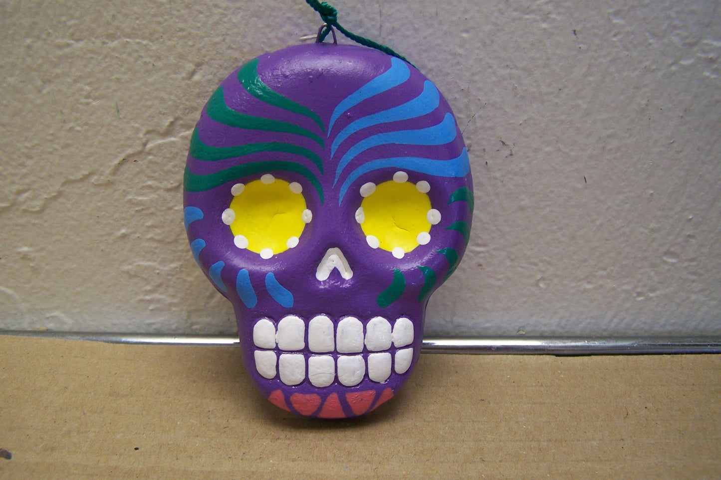 Day of the Dead Clay Painted Flat Skull Ornament - Purple