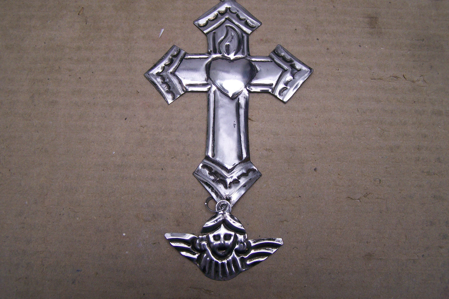 Tin Cross with Dangling Cherub Angel Head Milagro