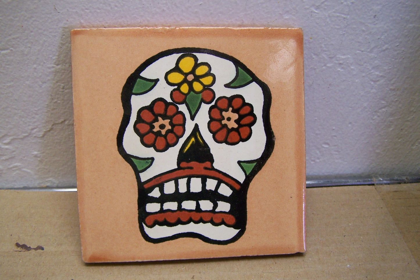 Day of the Dead Mexican Tile - Sugar Skull, Dia de los Muertos - Pink Peach Color