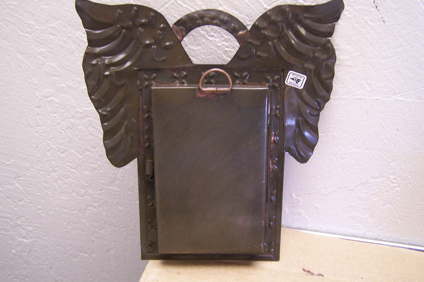 Medium Mexican Tin and Glass Nicho with Hinged Door - Angel Wings/Halo Shape - Mexico