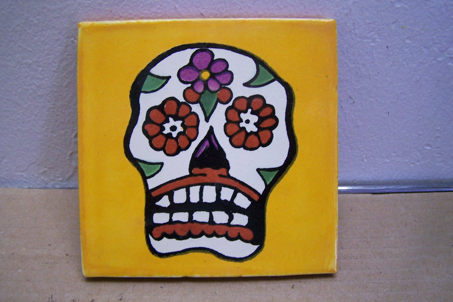 Day of the Dead Mexican Tile - Sugar Skull, Dia de los Muertos - Yellow Orange Color