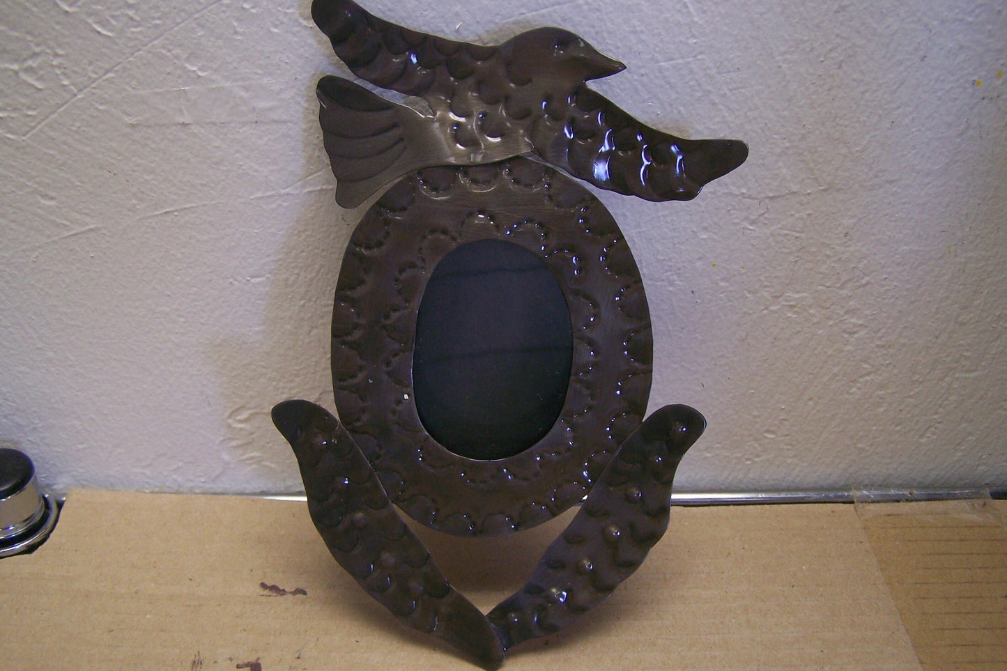 Medium Mexican Tin and Glass Nicho with Hinged Door - Oval with Doves - Mexico