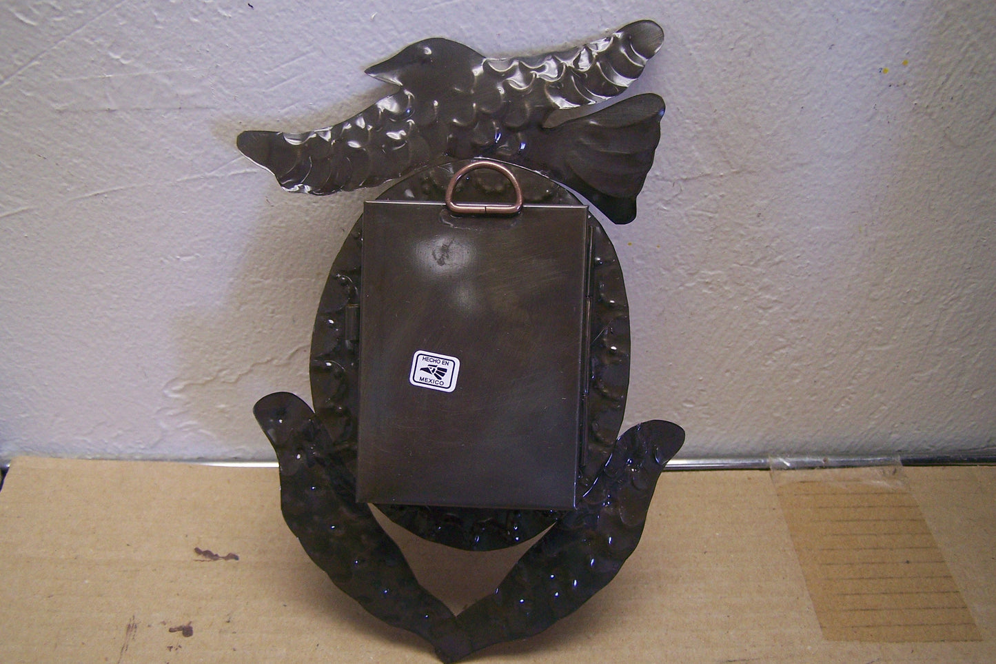 Medium Mexican Tin and Glass Nicho with Hinged Door - Oval with Doves - Mexico
