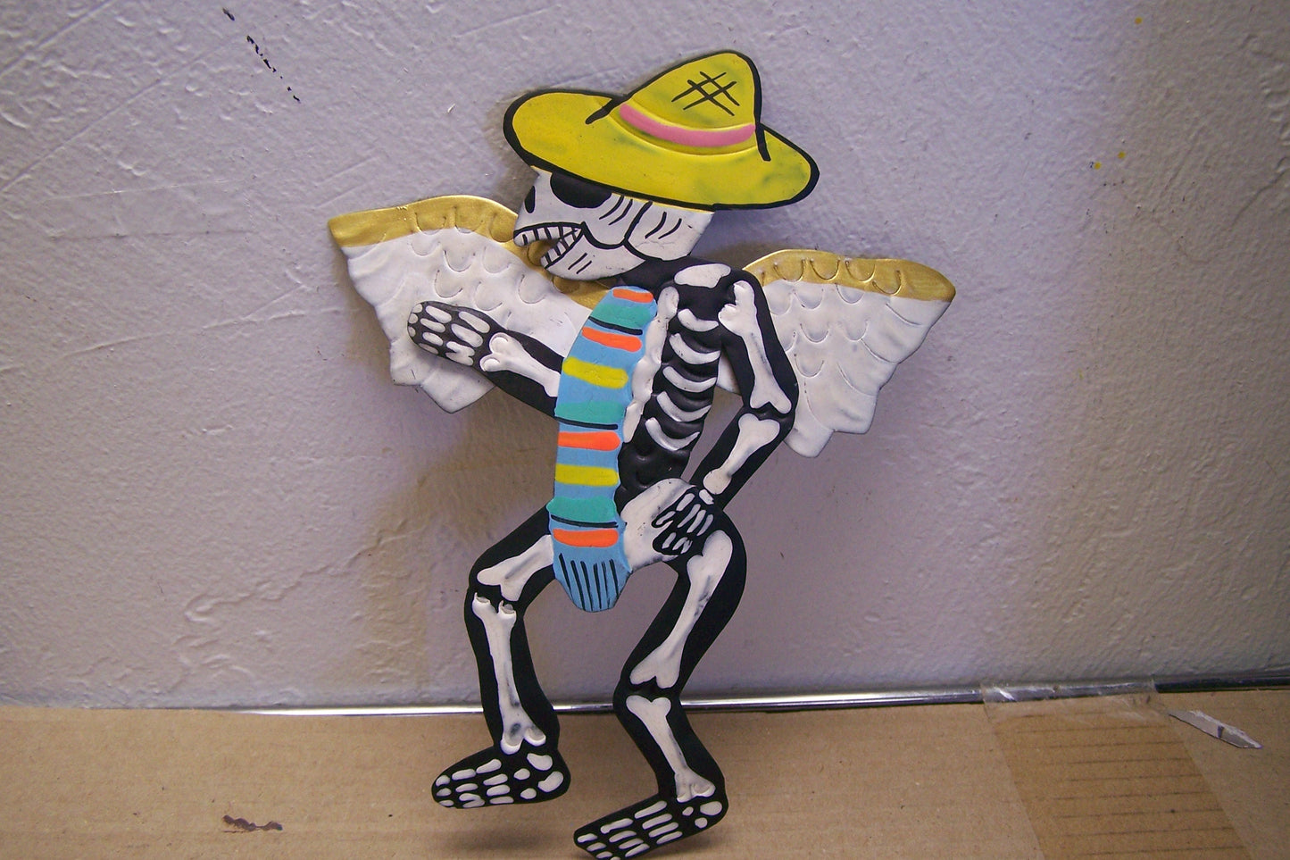 Painted Tin Day of the Dead Catrin Skeleton Ornament Angel in Sombrero and Sarape - Mexico