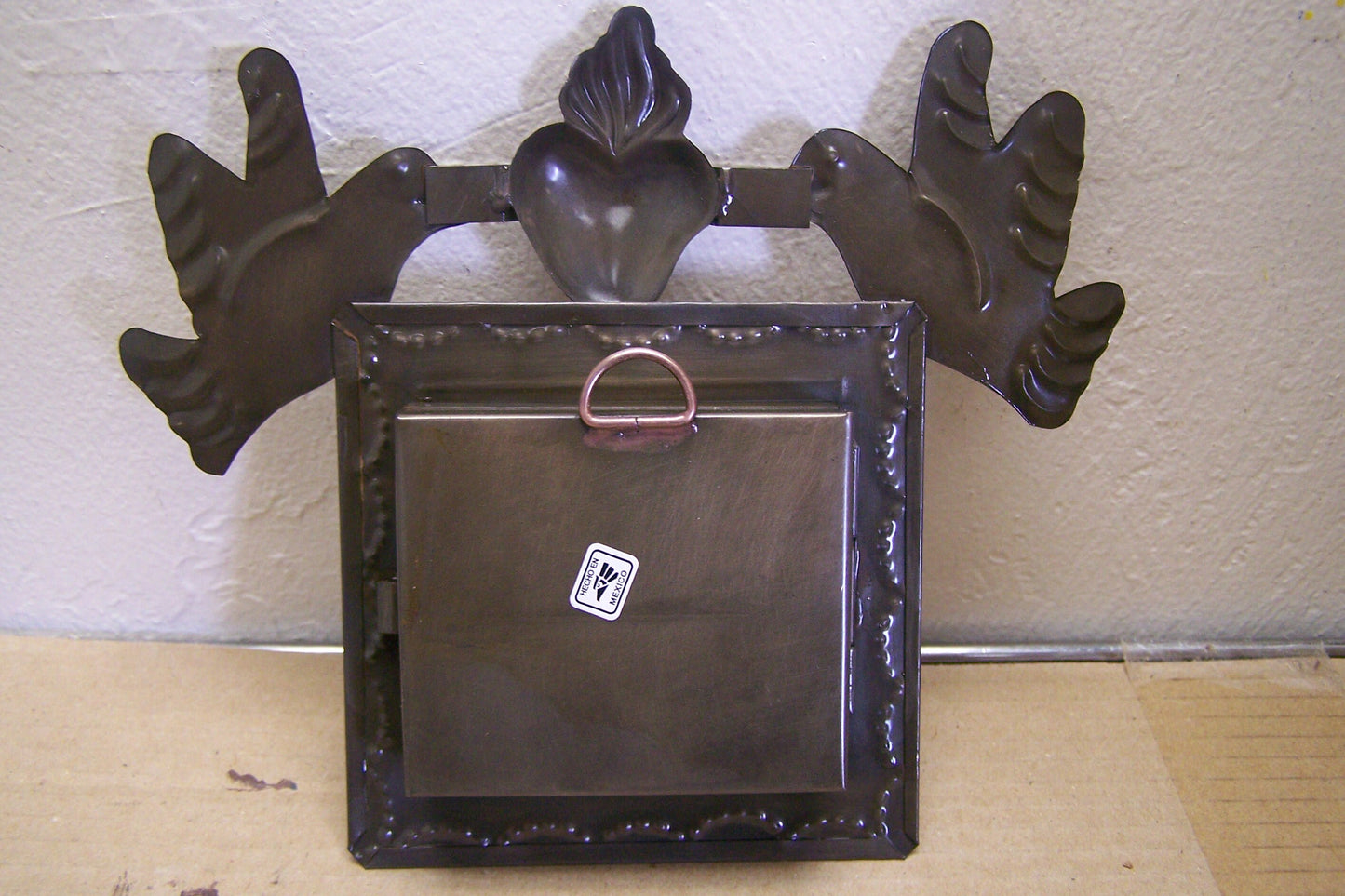 Medium Mexican Tin and Glass Nicho with Hinged Door - Sacred Heart w. Flying Doves, Heart Window - Mexico