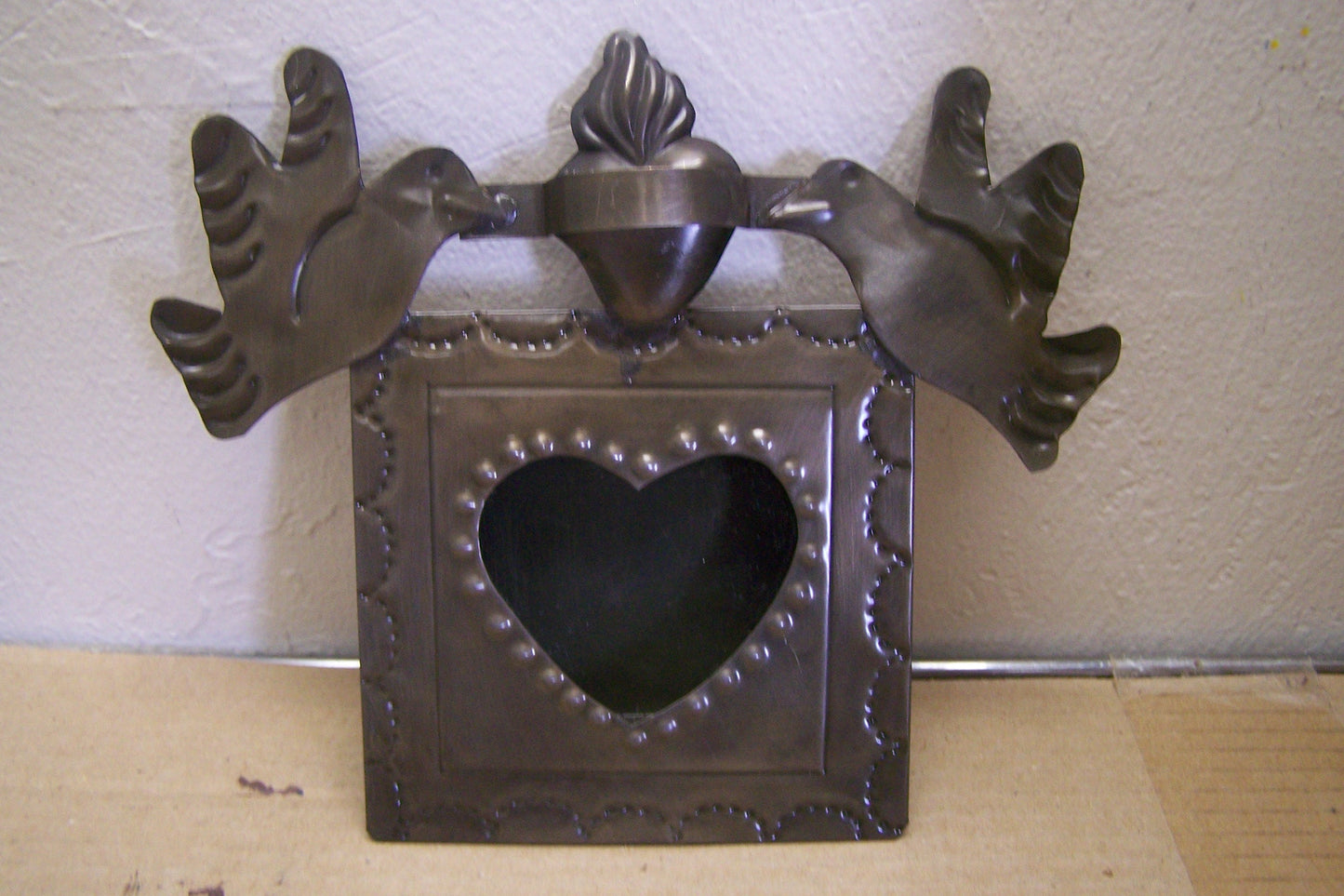Medium Mexican Tin and Glass Nicho with Hinged Door - Sacred Heart w. Flying Doves, Heart Window - Mexico