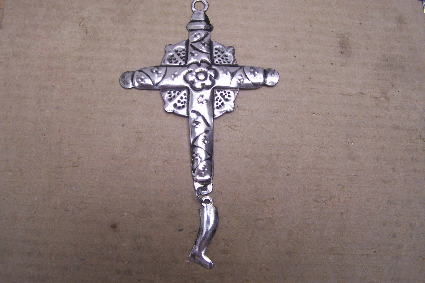 Tin Cross with Dangling Leg Milagro