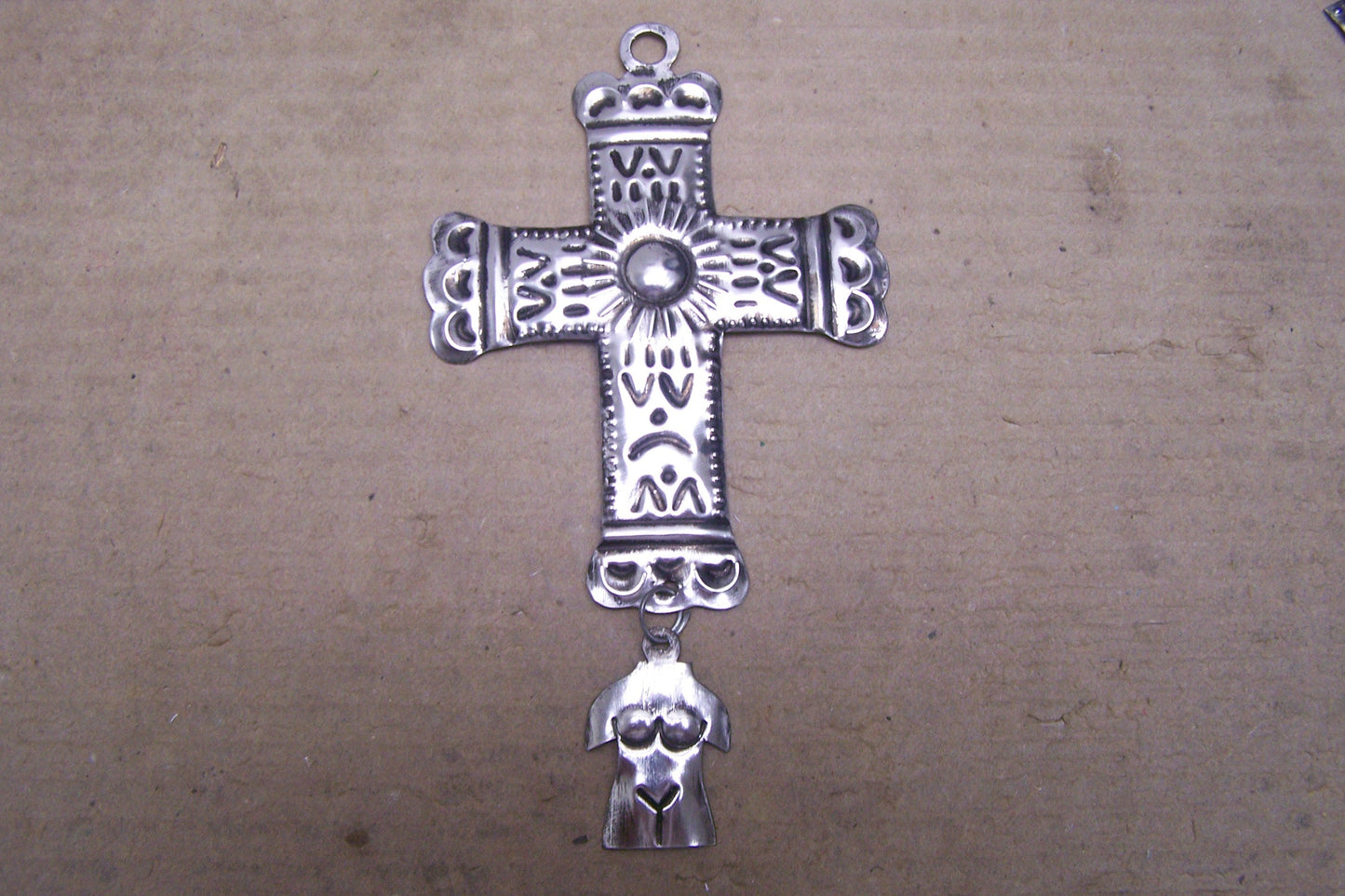 Tin Cross with Dangling Female Torso Milagro