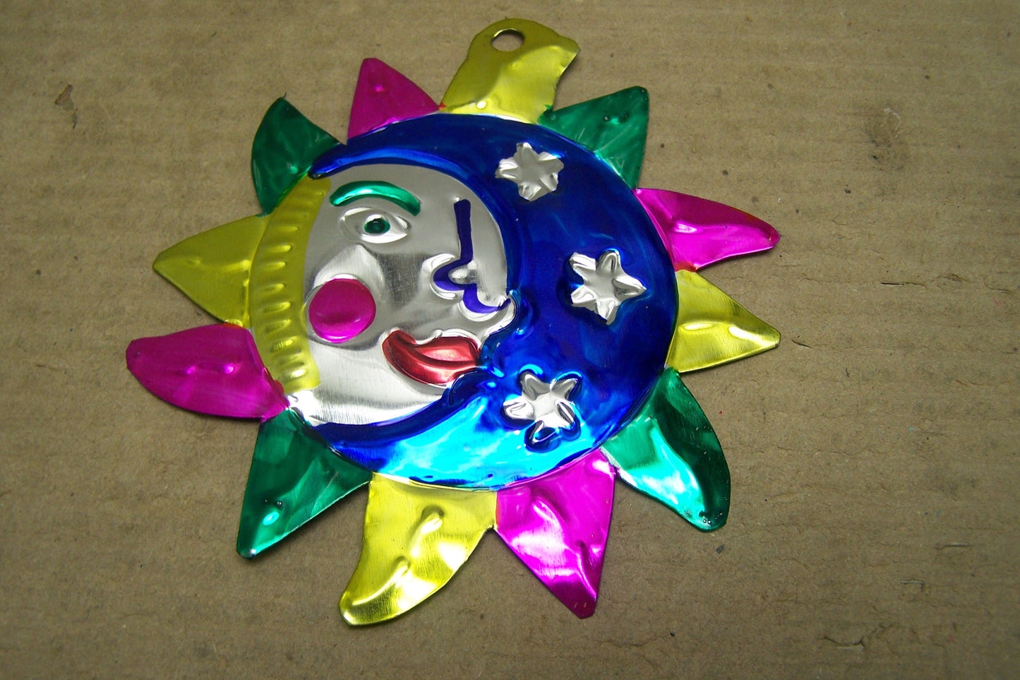 Lot of 6 Tin Painted Sun and Moon, Sol y Luna Ornaments - Multicolored Rays - Mexico