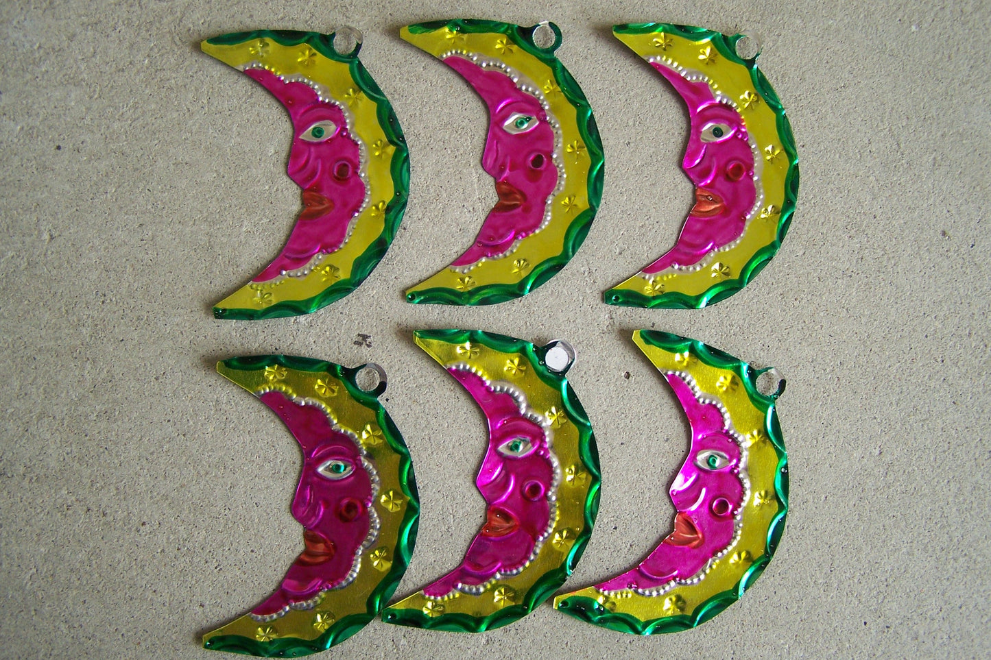 Lot of 6 Tin Painted Crescent Moon Ornaments - Watermelon Colored - Mexico