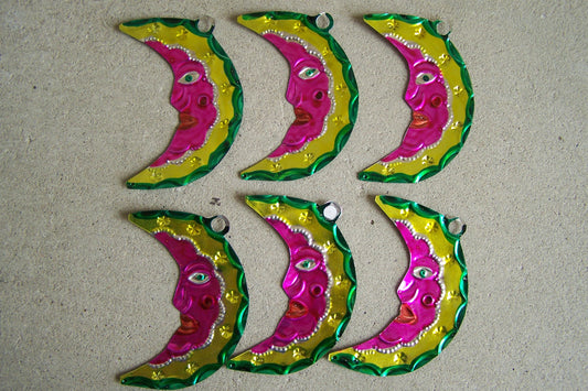 Lot of 6 Tin Painted Crescent Moon Ornaments - Watermelon Colored - Mexico