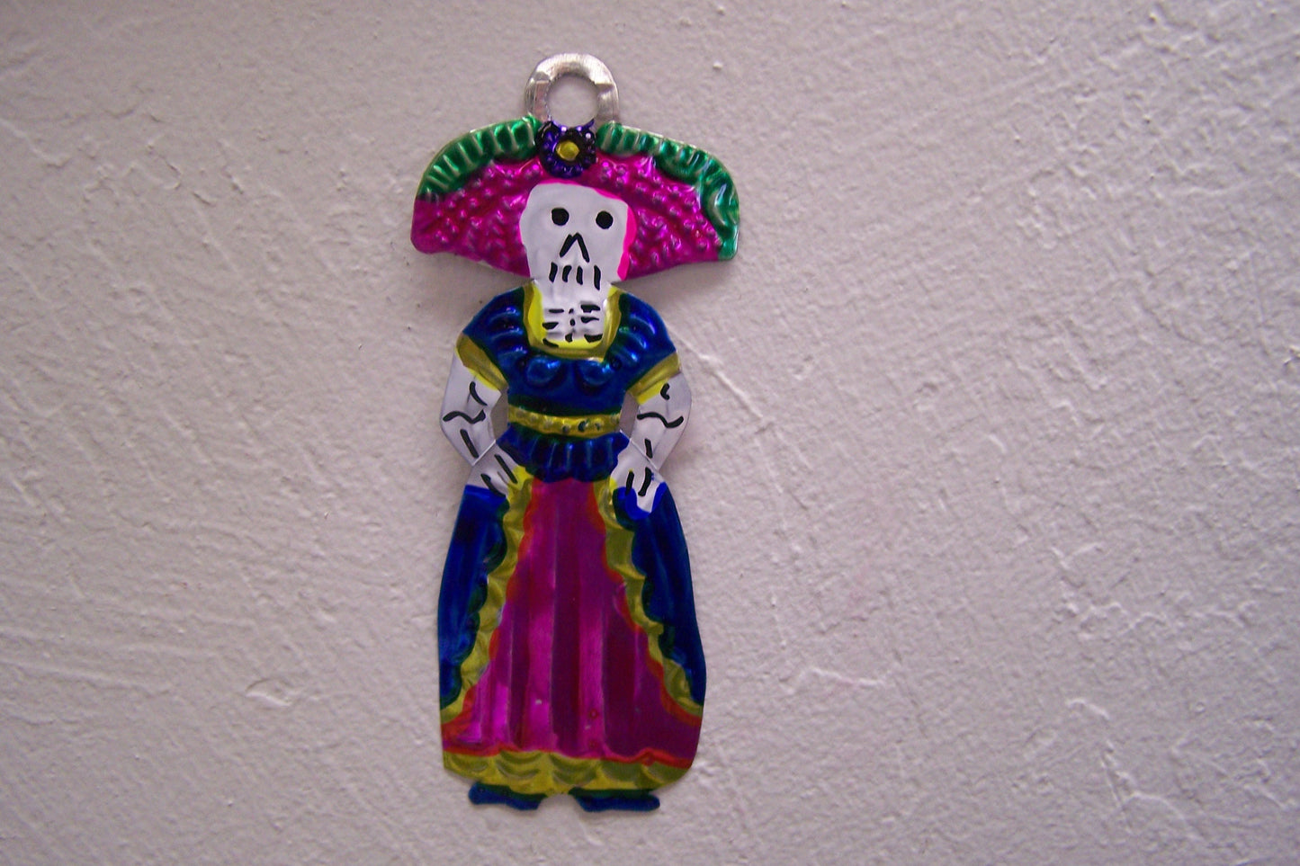 Lot of 6 Tin Painted Day of the Dead Ornaments - Catrina, Fancy Skeleton Lady - Mexico