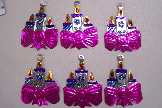 Lot of 6 Tin Painted Ornaments - Christmas Candle with Bow - Mexico