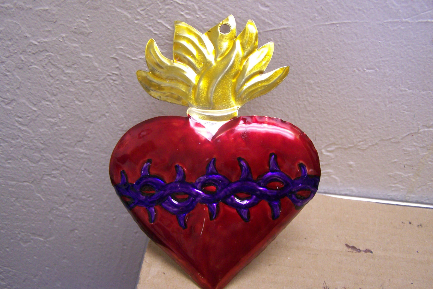 Painted Tin Sacred Heart Milagro Ex Voto - Flmed Heart with Thorns, Type II - Mexico