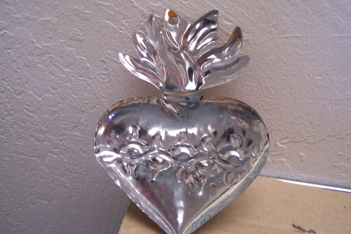 Painted Tin Sacred Heart Milagro Ex Voto - Flmed Heart with Thorns, Type II - Mexico