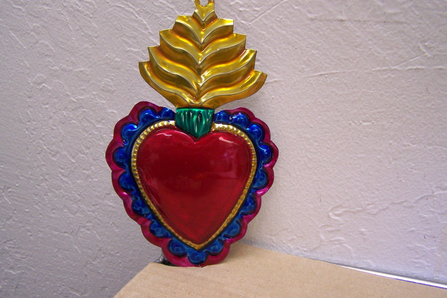 Large Painted Tin Sacred Heart with Yellow Flames Milagro Ex Voto - Mexico