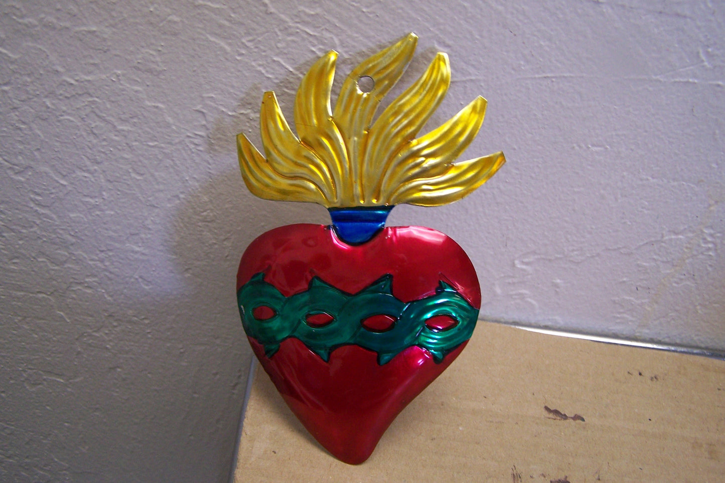 Painted Tin Sacred Heart Milagro Ex Voto - Flmed Heart with Thorns, Type I - Mexico