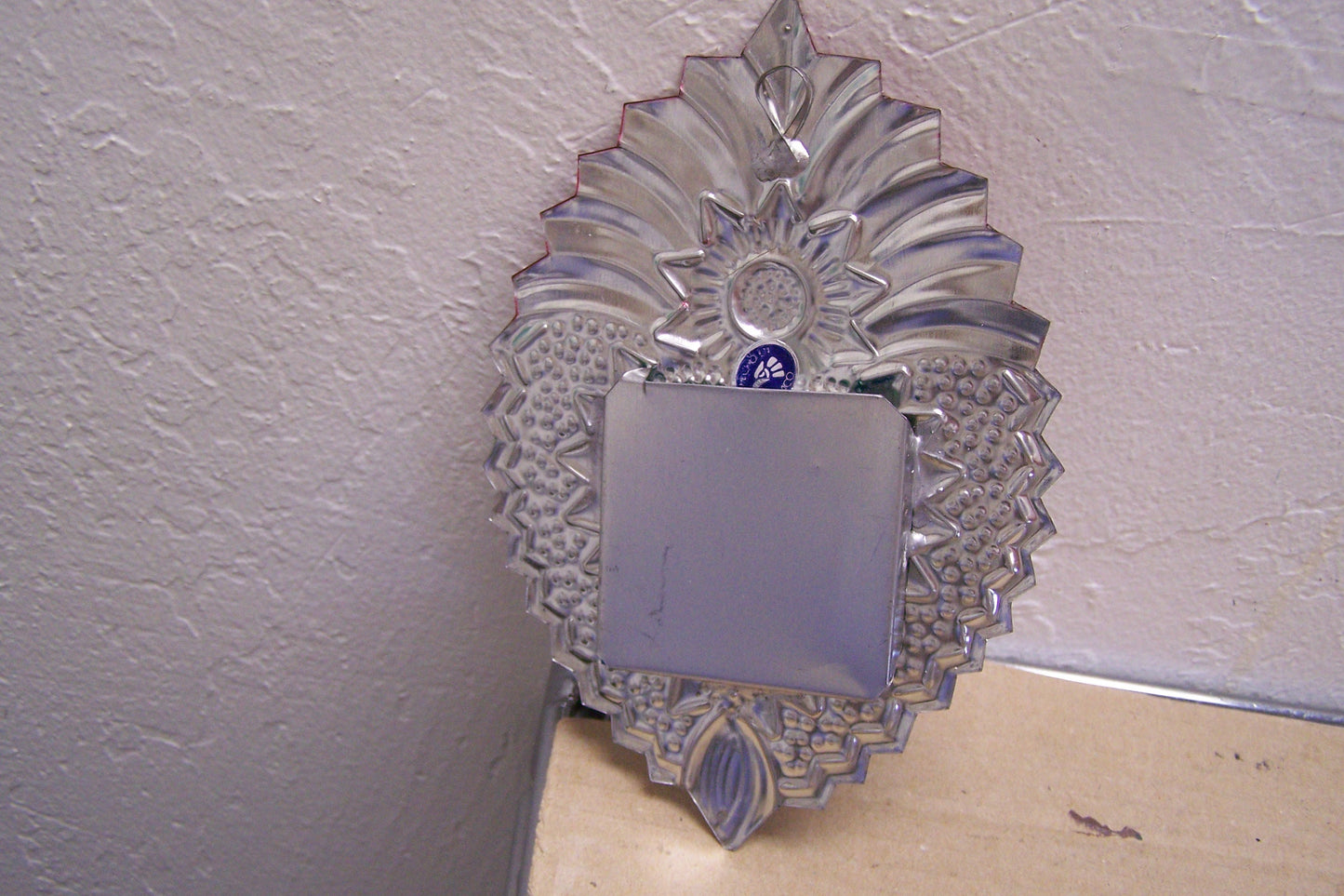Tin Painted Sacred Heart Mirror with Silver Flower - Mexico