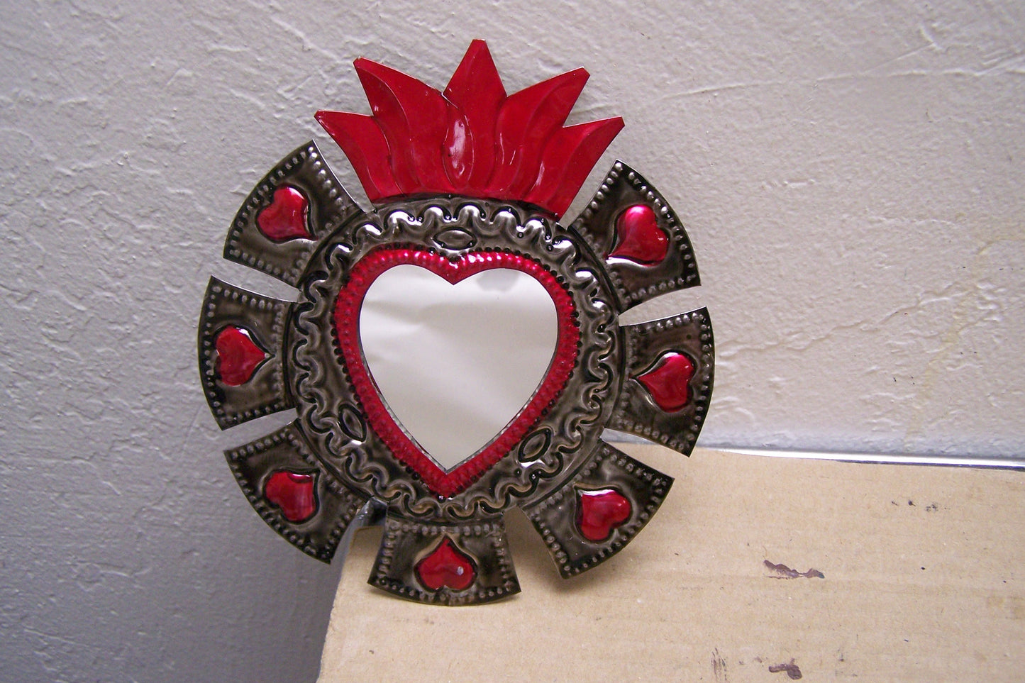 Tin Painted Sacred Heart Mirror with Rays - Mexico