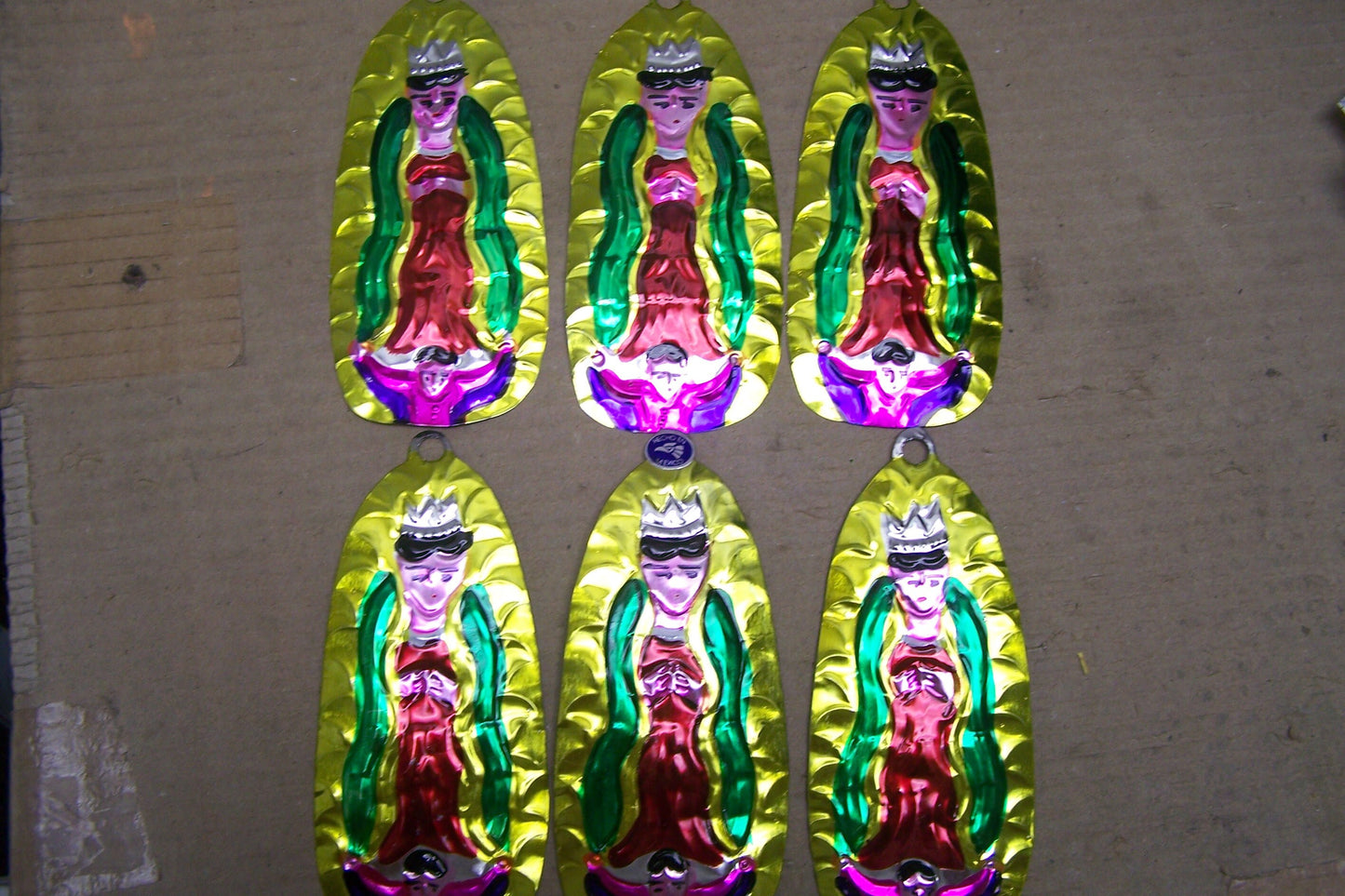 Lot of 6 Tin Painted Virgin of Guadalupe Ornaments - Mexico