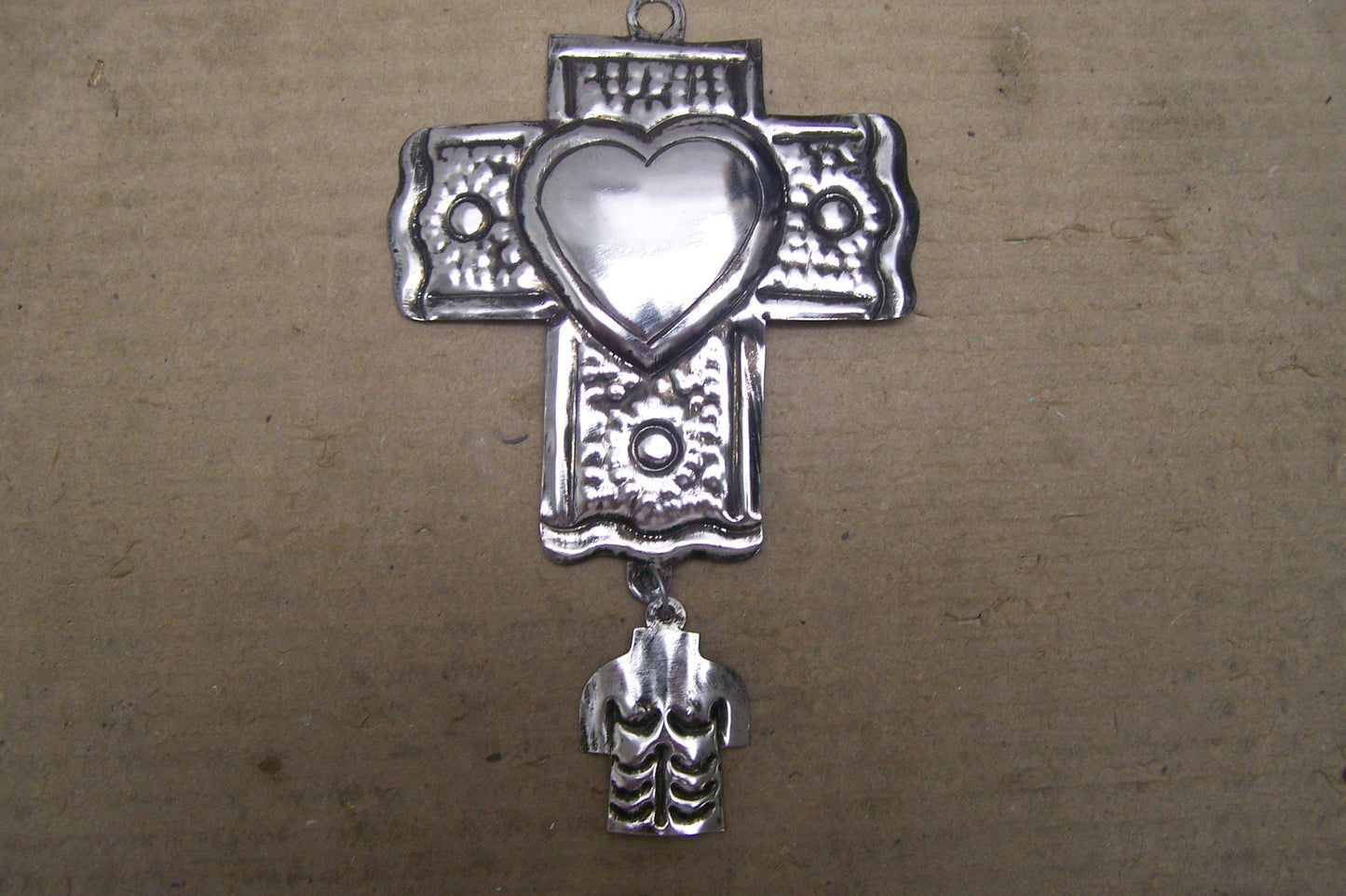 Tin Cross with Dangling Male Torso Milagro