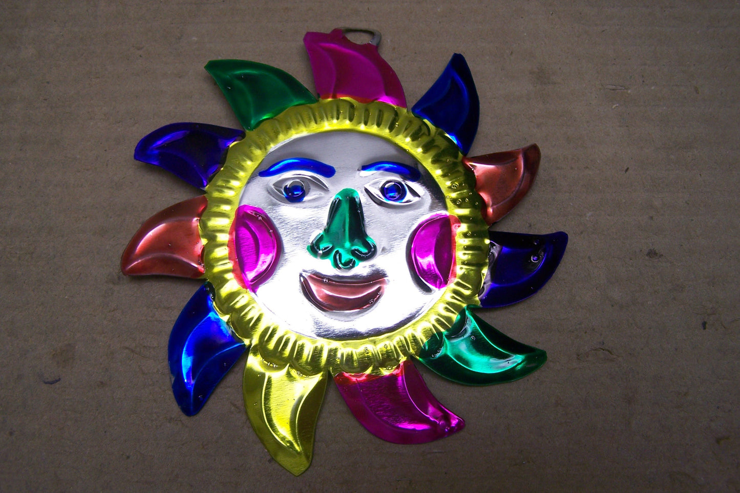 Lot of 6 Tin Painted Happy Sun Ornaments - Mexico