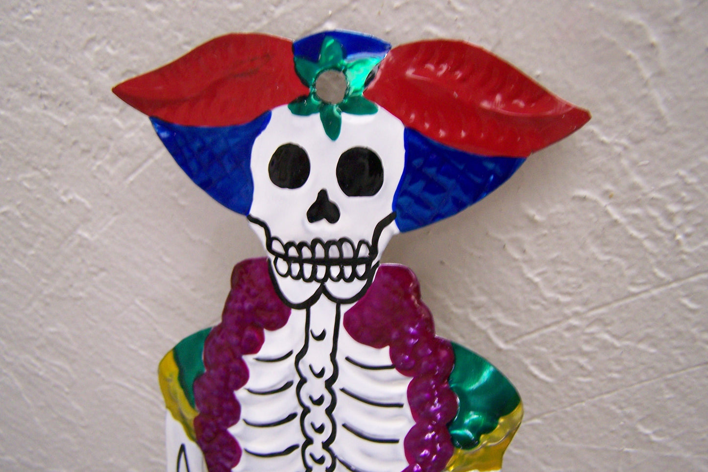 Large Painted Tin Day of the Dead Jointed Catrina Skeleton Fancy Lady - Mexico