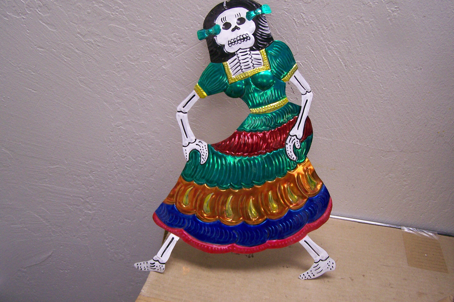 Colorful Shiny Painted Tin Day of the Dead Large Dancing Catrina Female Skeleton Wall Hanging