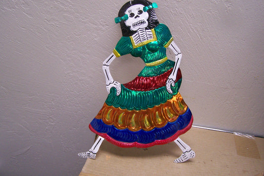 Colorful Shiny Painted Tin Day of the Dead Large Dancing Catrina Female Skeleton Wall Hanging