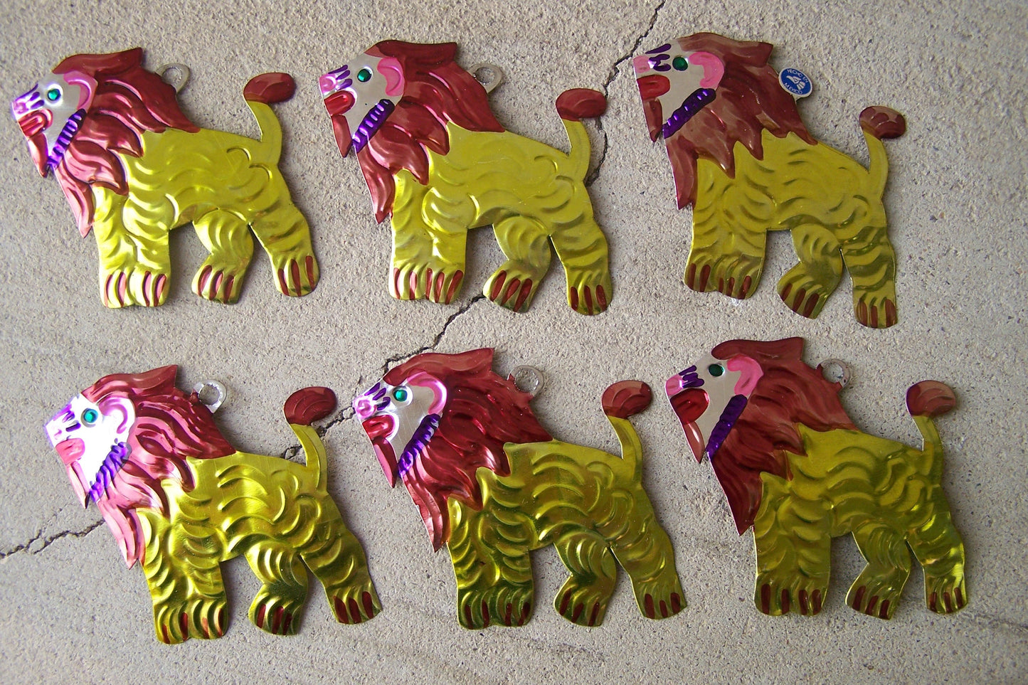 Lot of 6 Tin Painted Lion Ornaments - Mexico