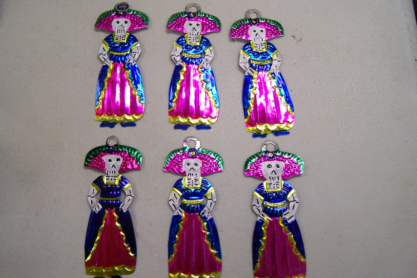 Lot of 6 Tin Painted Day of the Dead Ornaments - Catrina, Fancy Skeleton Lady - Mexico