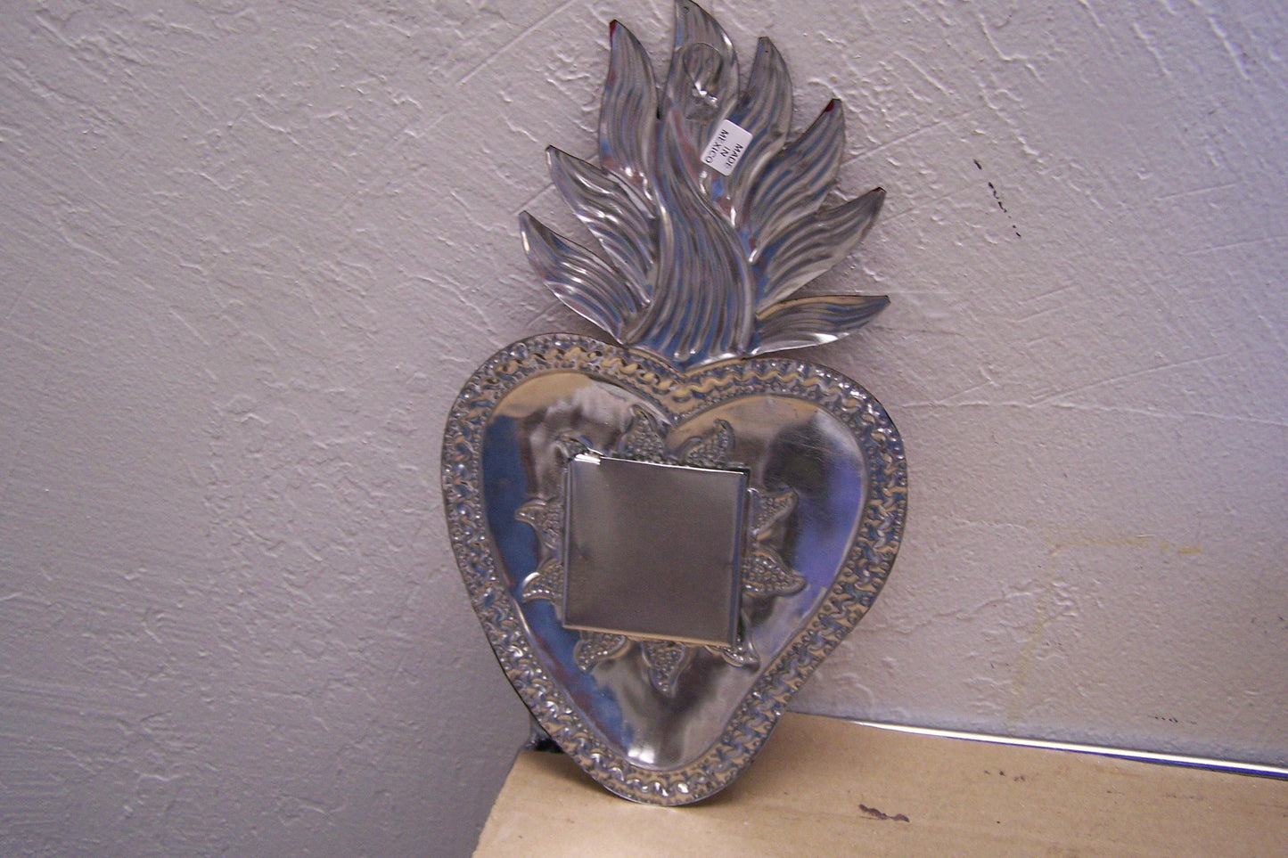 Large Tin Painted Sacred Heart Mirror with Sunburst - Mexico