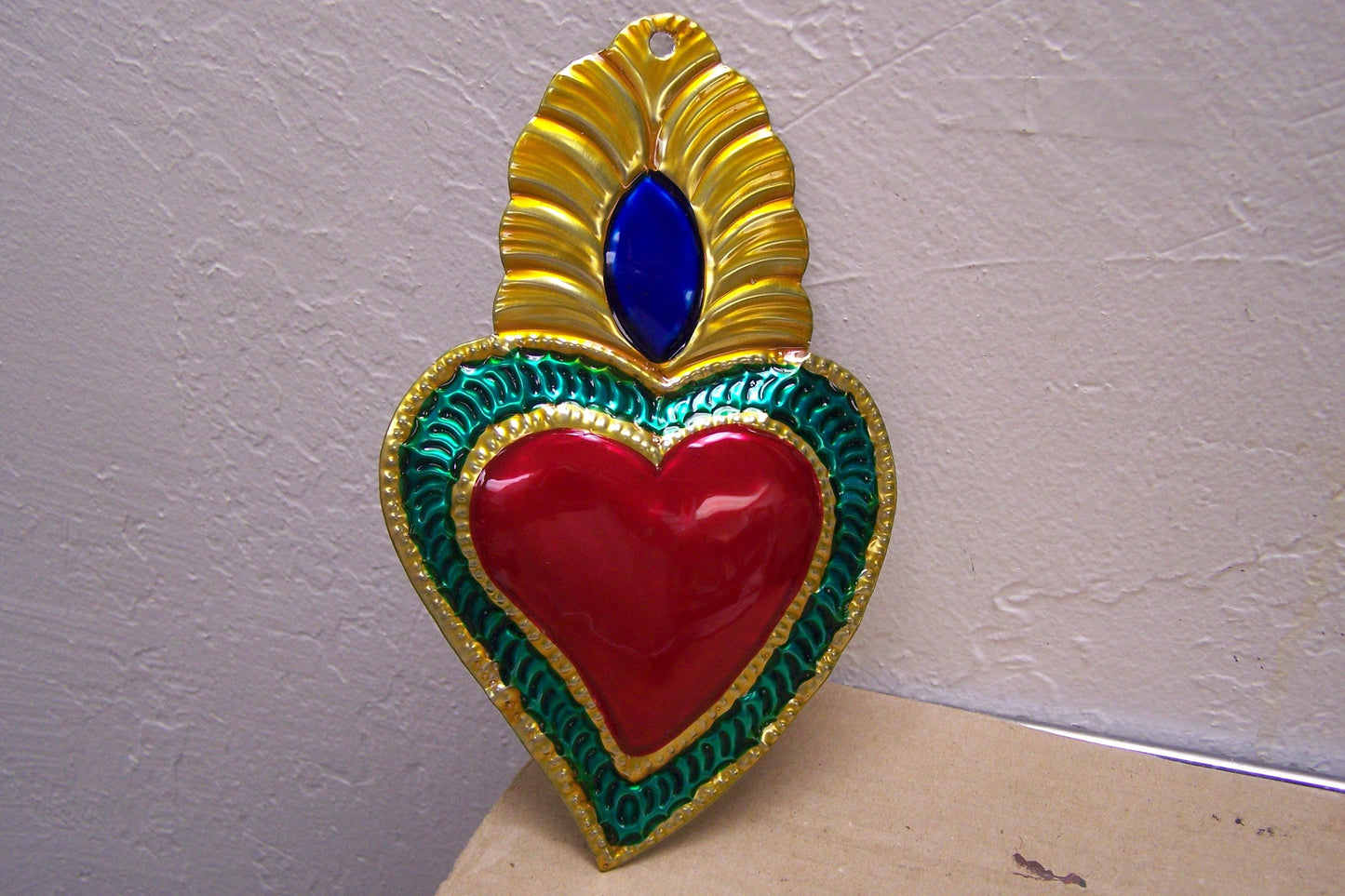 Large Painted Tin Sacred Heart with Blue & Yellow Flame Milagro Ex Voto - Mexico
