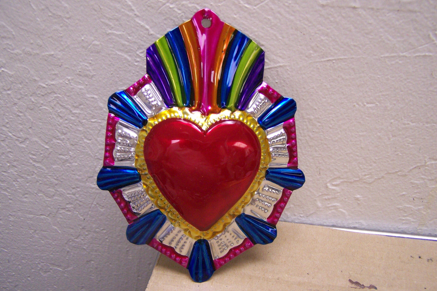 Large Painted Tin Sacred Heart with Blue Rays & Rainbow Flames Milagro Ex Voto, Type I - Mexico