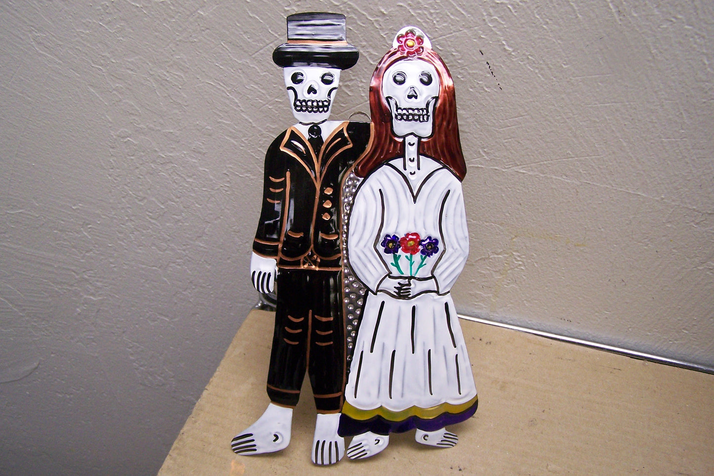 Large Painted Tin Day of the Dead Wedding Couple Catrin Catrina Skeleton Pair Bride and Groom - Mexico