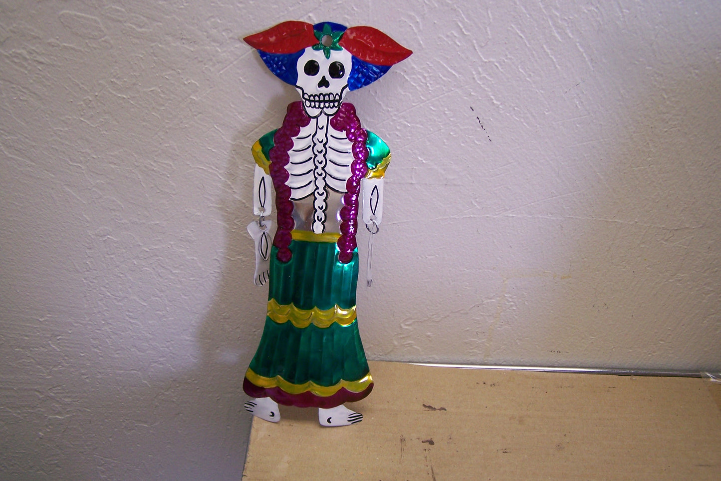 Large Painted Tin Day of the Dead Jointed Catrina Skeleton Fancy Lady - Mexico