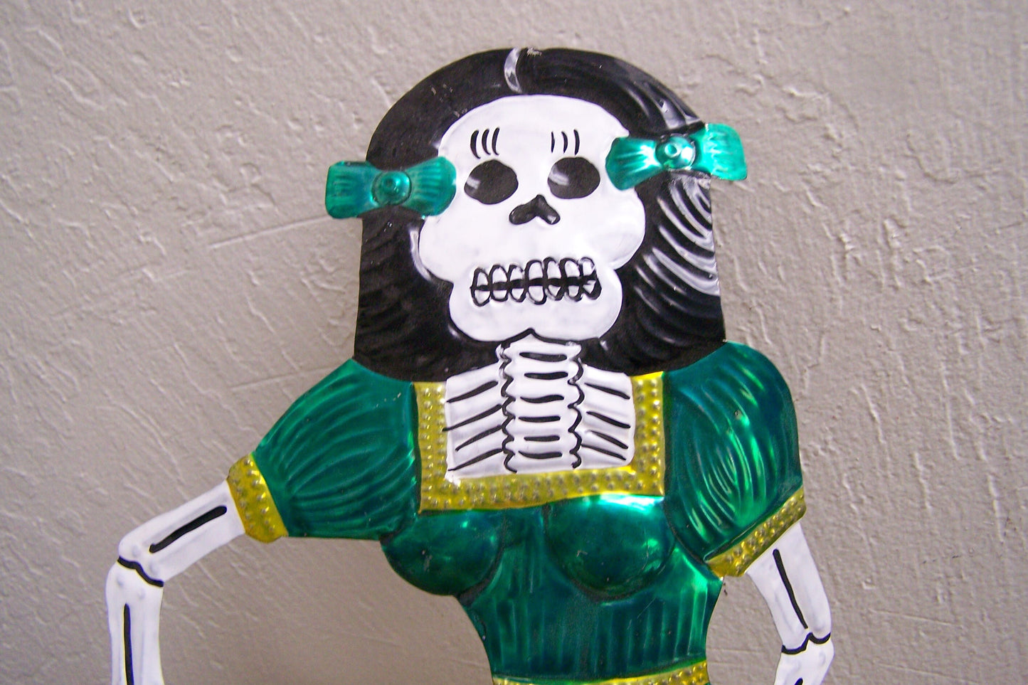 Colorful Shiny Painted Tin Day of the Dead Large Dancing Catrina Female Skeleton Wall Hanging
