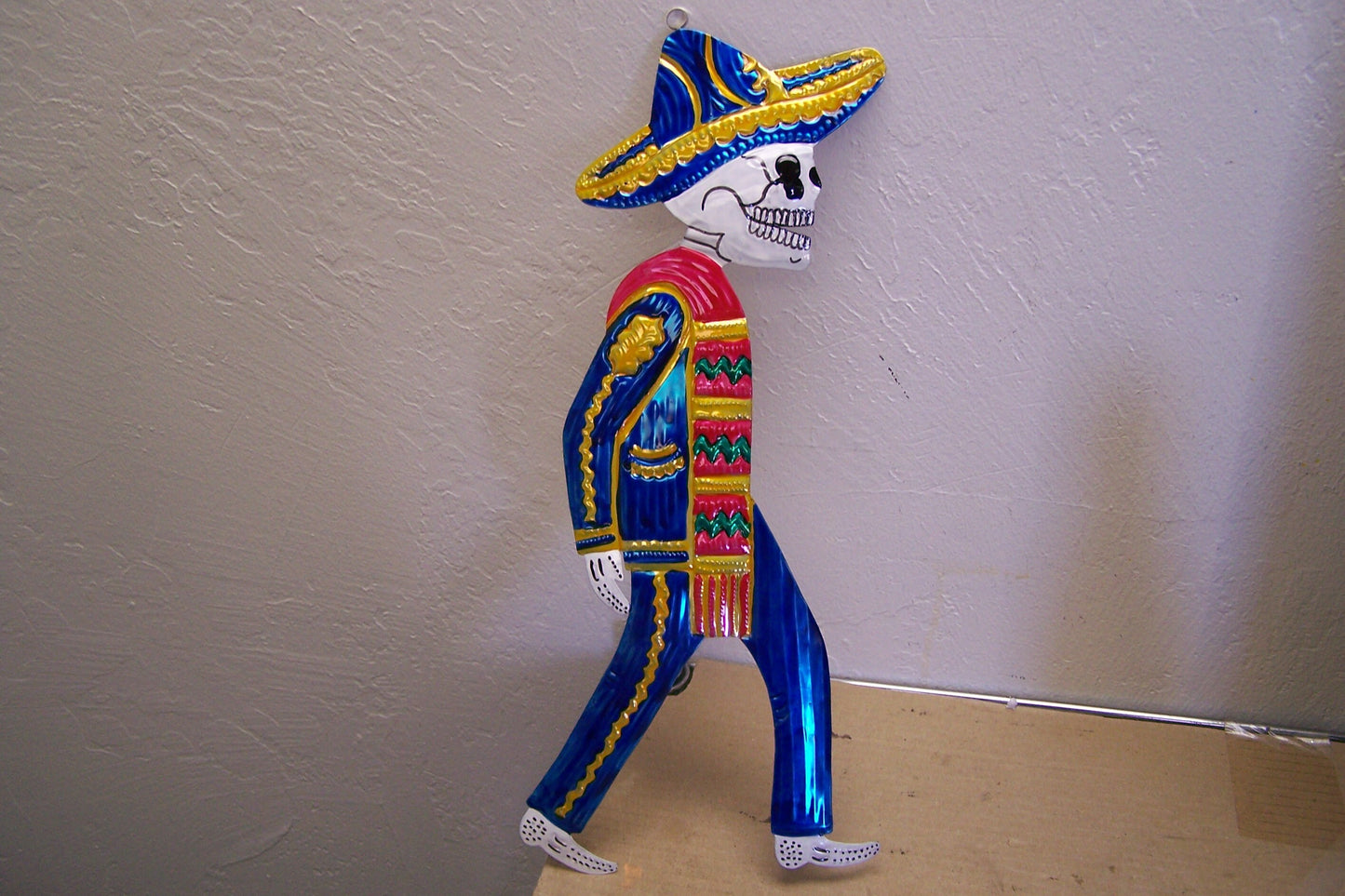 Colorful Shiny Painted Tin Day of the Dead Large Catrin Male Skeleton in Serape Wall Hanging