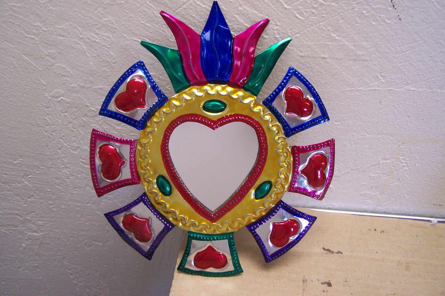 Large Tin Painted Sacred Heart Mirror - Hearts on Rays - Mexico