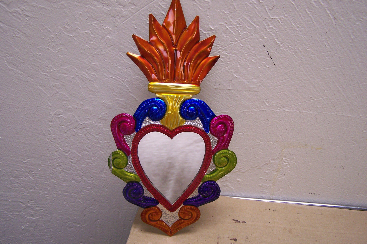 Large Tin Painted Sacred Heart Mirror - Tall Orange Flames - Mexico