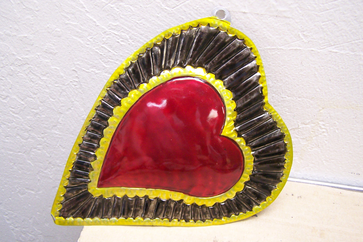 Large Painted Tin Sacred Heart - Slanted Heart, Black - Mexico