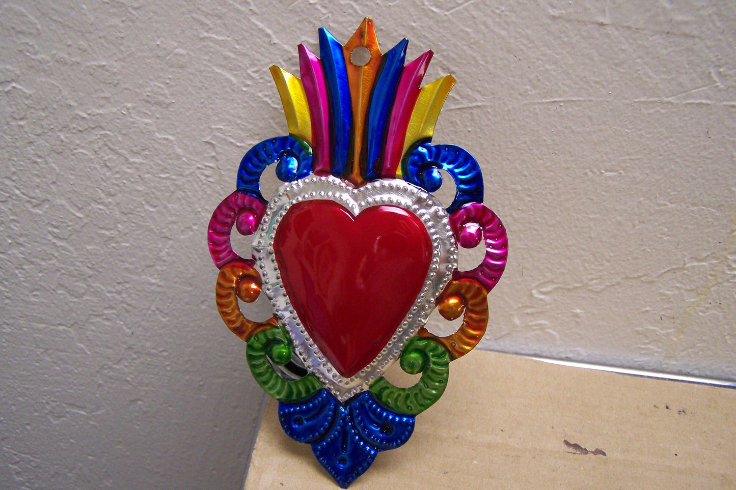 Large Colorful Painted Sacred Heart Milagro Ex Voto - Multicolored - Mexico