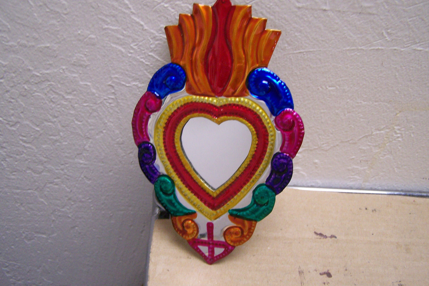 Tin Painted Sacred Heart Mirror - Colorful Scrolls - Mexico