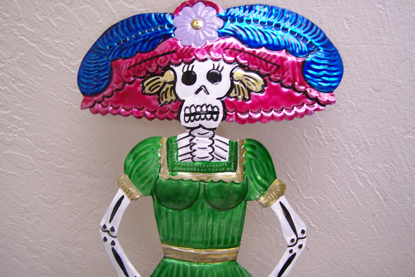 Colorful Shiny Painted Tin Day of the Dead Large Catrina Female Skeleton Wall Hanging - Various Colors