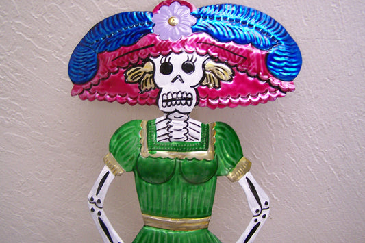 Colorful Shiny Painted Tin Day of the Dead Large Catrina Female Skeleton Wall Hanging - Various Colors